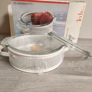 Vintage Tech by Beucler 2 Qt Casserole Server Glass with Lid White Vinyl Handles